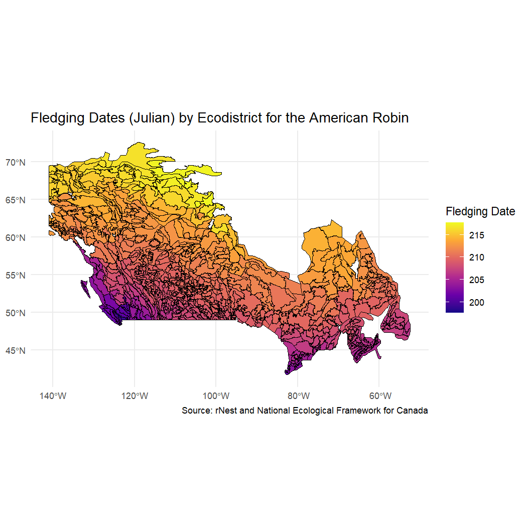 Map visualizes the ecodistricts by fledging data using a color ramp.