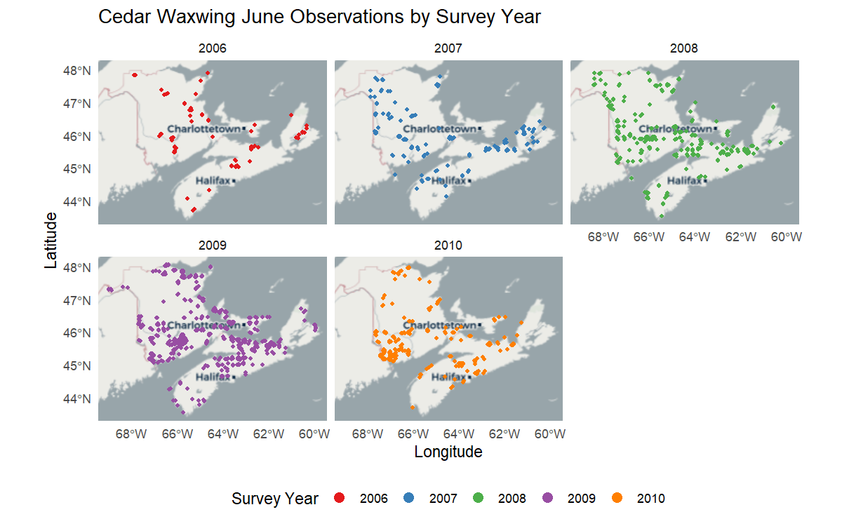 Five annual maps of Maritime Canada showing observations of cedar waxings 2006-2010