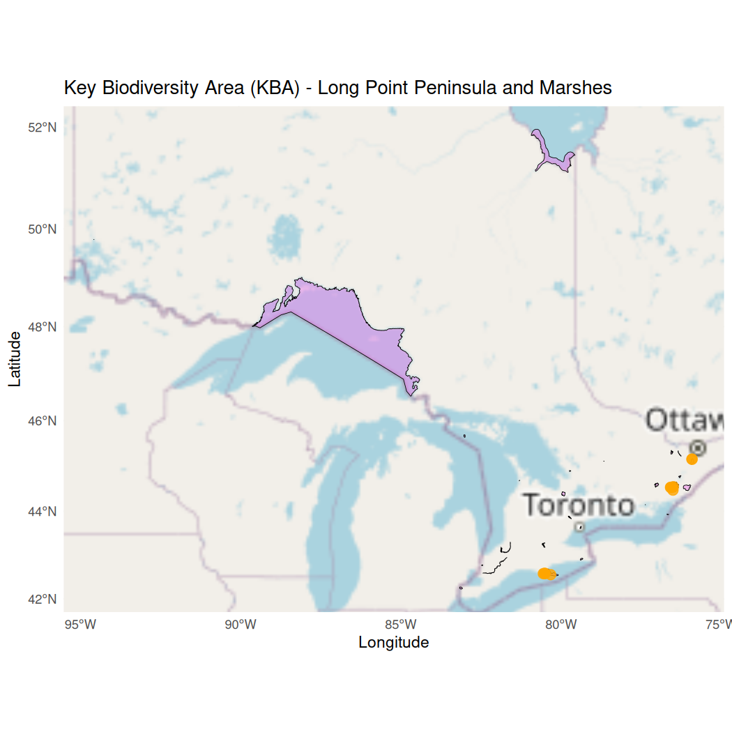 Map showing key biodiversity areas in Ontario, outlined in pink