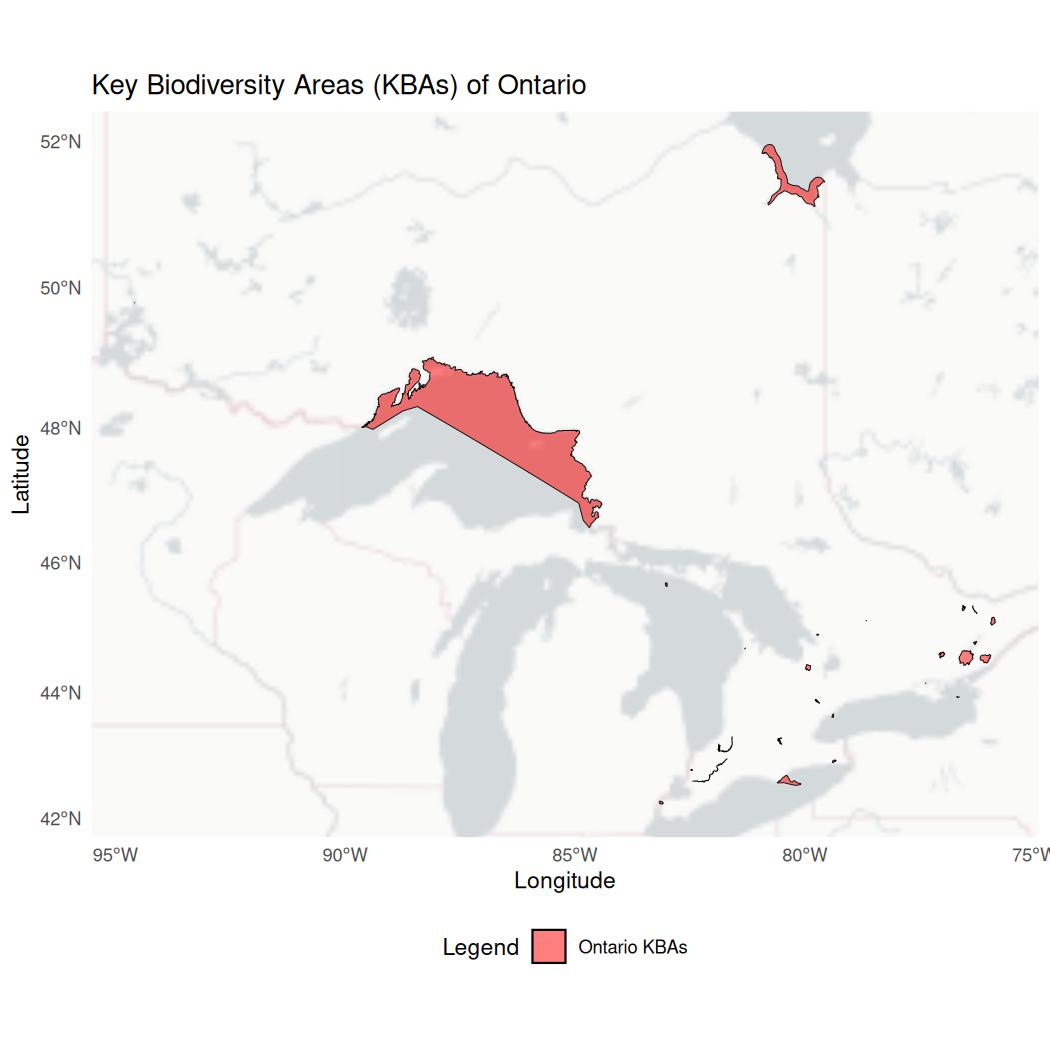 Map showing key biodiversity areas in Ontario, outlined in pink