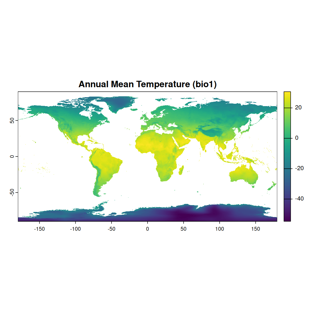 World map with Annual mean temperatures overlaid in blues, greens and yellows. Showing cooler poles and warmer equatorial regions.