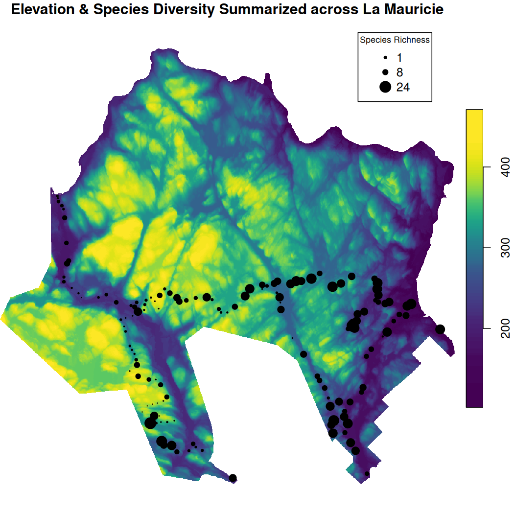 Map depicts species diversity summary points and cropped DTM in La Mauricie National Park