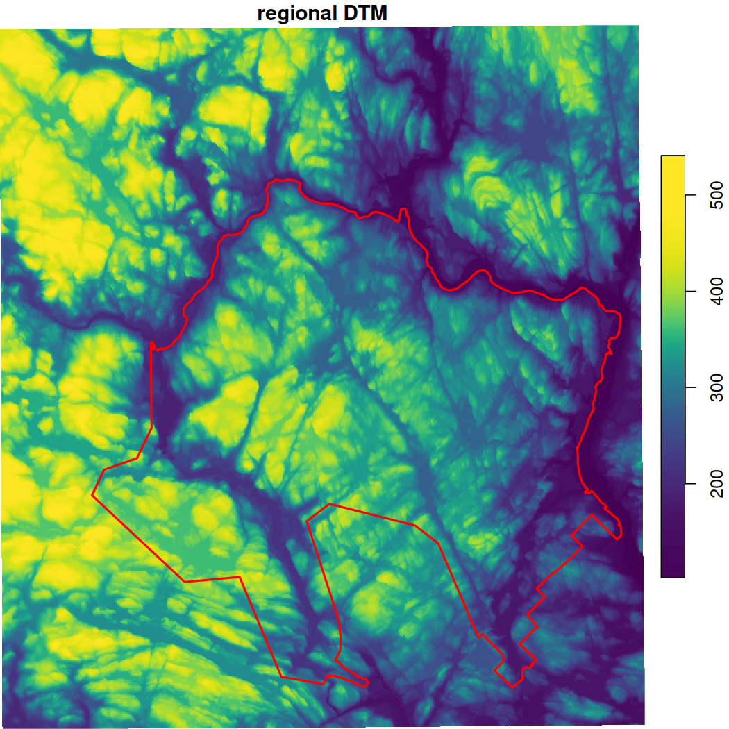 Plots visualizing the regional and masked DTM's